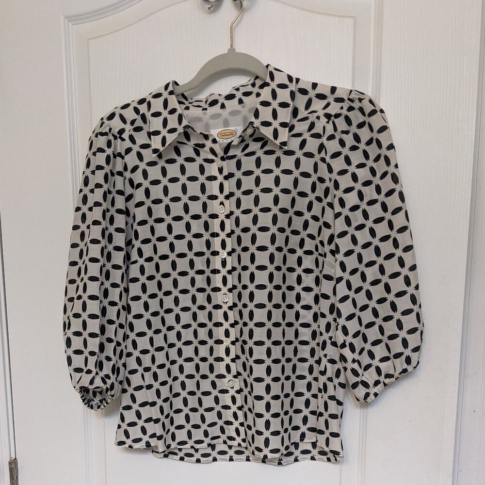 ​Cotton/Silk Puff Sleeve Talbot's Black & Ivory Coquette Collard Blouse